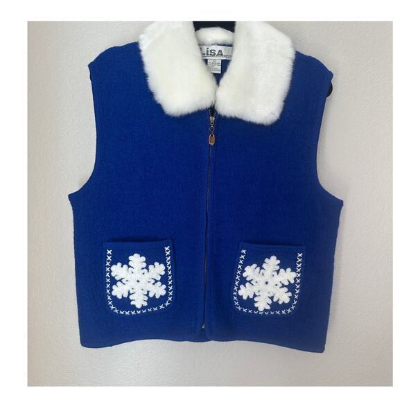 Vintage wool winter snowflake vest with faux fur collar, size Large, whimsical - Picture 1 of 7